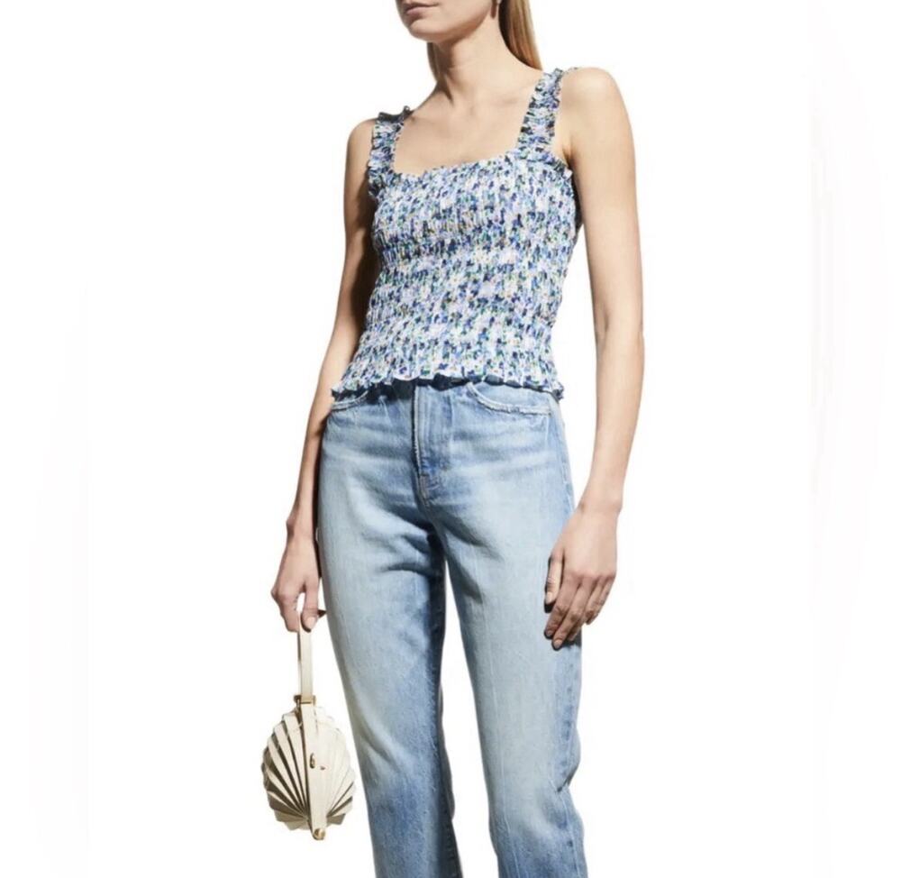 Veronica Beard Averie Printed Smocked Cropped Tank Top Blue Size XS
